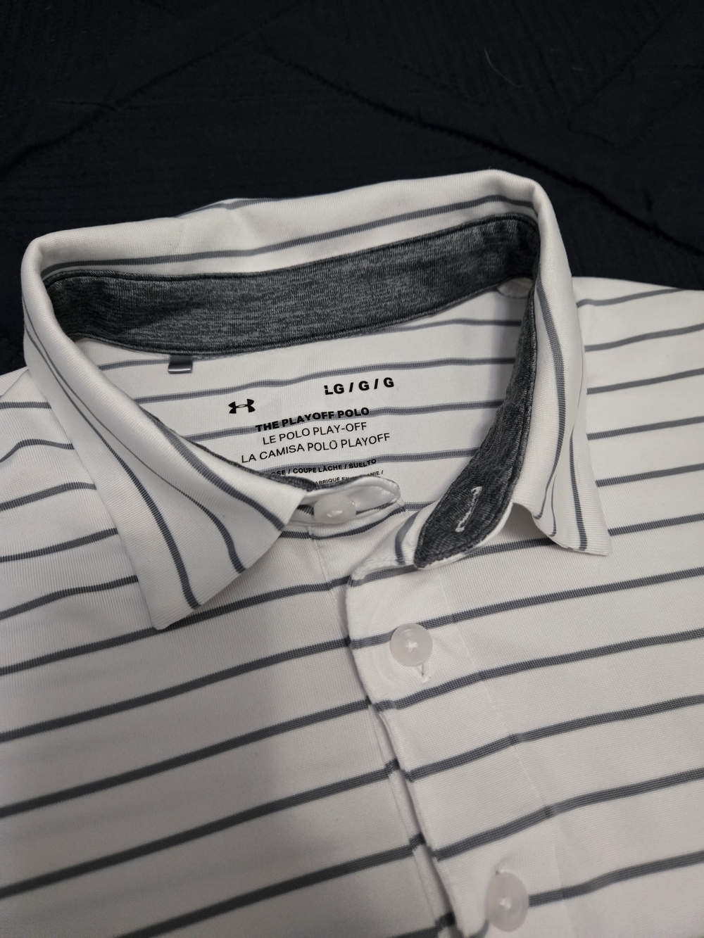 Under Armour LG White Polo w/ Thin Gray Stripes and Dark Gray Inner Collar #380